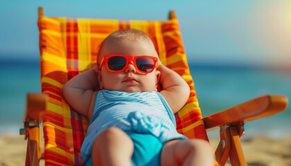 Funny Baby in Sunglasses Chilling on Beach Chair with Seaside Backdrop - obrazy, fototapety, plakaty