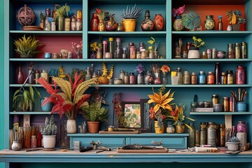 Fototapeta na wymiar Colorful Workshop Inspirations: Vibrant Artist's Studio Shelves & Art Supplies
