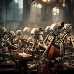 Robot orchestra performing a symphony.  - obrazy, fototapety, plakaty