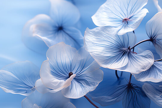 Wallpaper with pale white flowers on a light blue background, delicate, smooth, elegant background