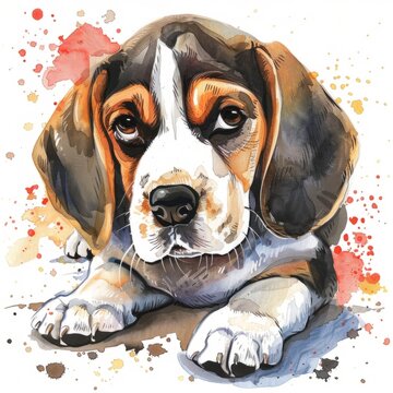 Colorful beagle dog in watercolor style - This vibrant watercolor painting depicts a beagle dog sitting, immersed in a splash of vivacious colors