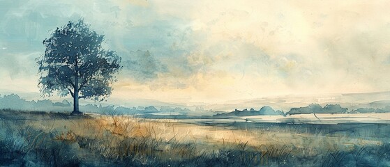 Textured paper watercolor, countryside landscape, cool tones, 6K clarity, peaceful and intricate - obrazy, fototapety, plakaty
