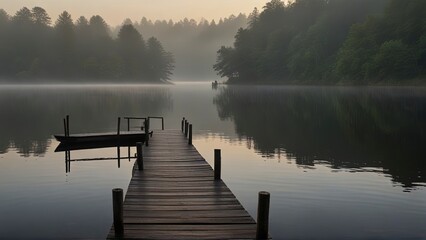A peacefully aging wooden dock emerges from the mist-shrouded lake at the break of dawn. Its weathered planks exude a quiet charm, surrounded by the hazy light of early morning. This evocative scene. - obrazy, fototapety, plakaty