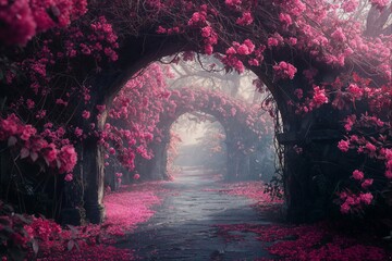 Enchanting pink blossom archway in mist - obrazy, fototapety, plakaty