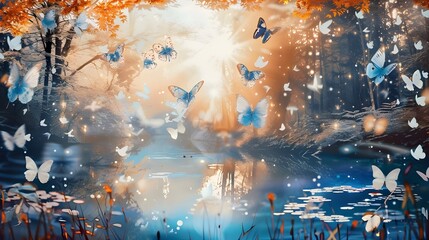 Butterflies gracefully fluttering above a serene forest pond