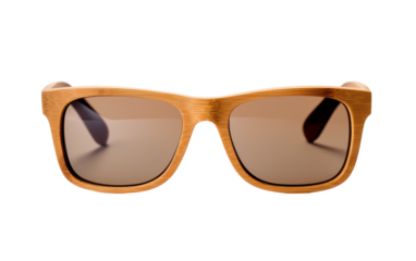 A pair of stylish wooden sunglasses lying on a clean white background
