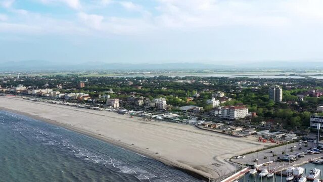 aerial view of the deserted beach of Cervia on the Italian Adriatic coast. Cervia, Ravenna, Italy