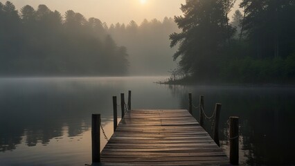 Fototapeta premium A peacefully aging wooden dock emerges from the mist-shrouded lake at the break of dawn. Its weathered planks exude a quiet charm, surrounded by the hazy light of early morning. This evocative scene.