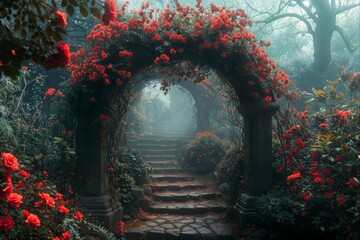 Naklejka premium Mystical red rose arch over ancient stone steps