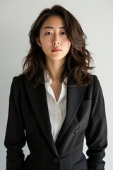 Close-up of a Pretty Young Japanese Woman in Fitted Blazer and High-Waisted Trousers, exuding professional elegance with a confident expression photo on white isolated background