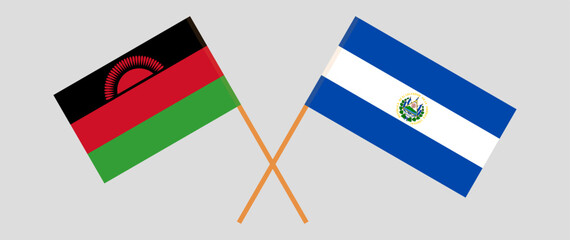 Crossed flags of Malawi and El Salvador. Official colors. Correct proportion