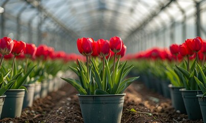 Red closed tulips growing in a large industrial greenhouse on sawdust. ai generated
