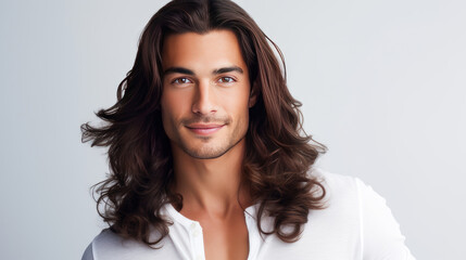 Portrait of an elegant sexy smiling Latino man with perfect skin and long hair, on a white background. - obrazy, fototapety, plakaty
