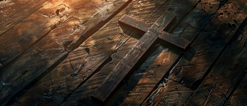 Wooden table with cross in the background