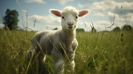 Obraz premium Domestic lamb grazing on a green meadow