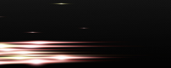 Set of realistic vector gold and red stars. Set of vector suns. Red gold flares with highlights. Horizontal light lines, laser, flash. Gold special effect, magic of moving fast motion laser beams