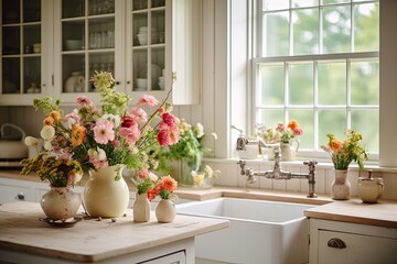 Fototapeta na wymiar Vintage Farmhouse Kitchen: Fresh Blooms and Floral Arrangements Inspiration