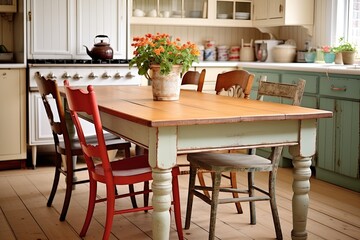 Farmhouse Table Bliss: Vintage Farmhouse Kitchen Ideas with Mixed Seating Inspirations