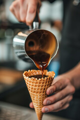 close up of a barista pouring coffee into an ice cream waffle cone, trendy hot drink