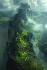 Fantasy Landscape, A stunningly detailed fantasy landscape with imposing mountain peaks, lush greenery, and a mystical atmosphere
