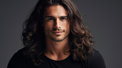 Portrait of an elegant sexy smiling Latino man with perfect skin and long hair, on a silver...