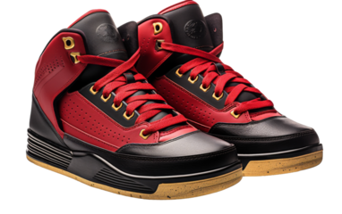 A pair of vibrant red and black sneakers stand out against a stark white background