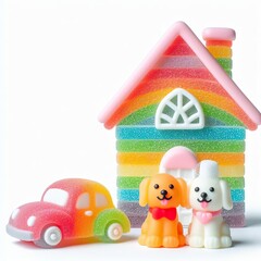 Obraz premium a couple wedding dog in front of house and car made of pastel color rainbow gummy candy on a white background