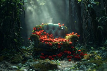 Abandoned sofa overtaken by roses in mystical forest - obrazy, fototapety, plakaty
