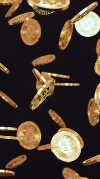 Vertical video of a rain of a bunch of golden bitcoin coins falling from above on a dark background in realistic slow motion 3D animation. Cryptocurrency, 2p2 exchange and blockchain concept