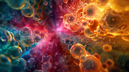 A vibrant abstract digital artwork, featuring a dynamic array of bubbles and glowing particles with a vivid color gradient