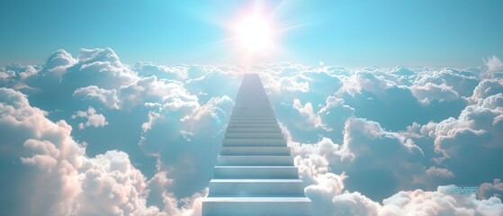 A staircase in the sky. Concept with clouds in white and a sun in the sky. Concept of religion. - obrazy, fototapety, plakaty
