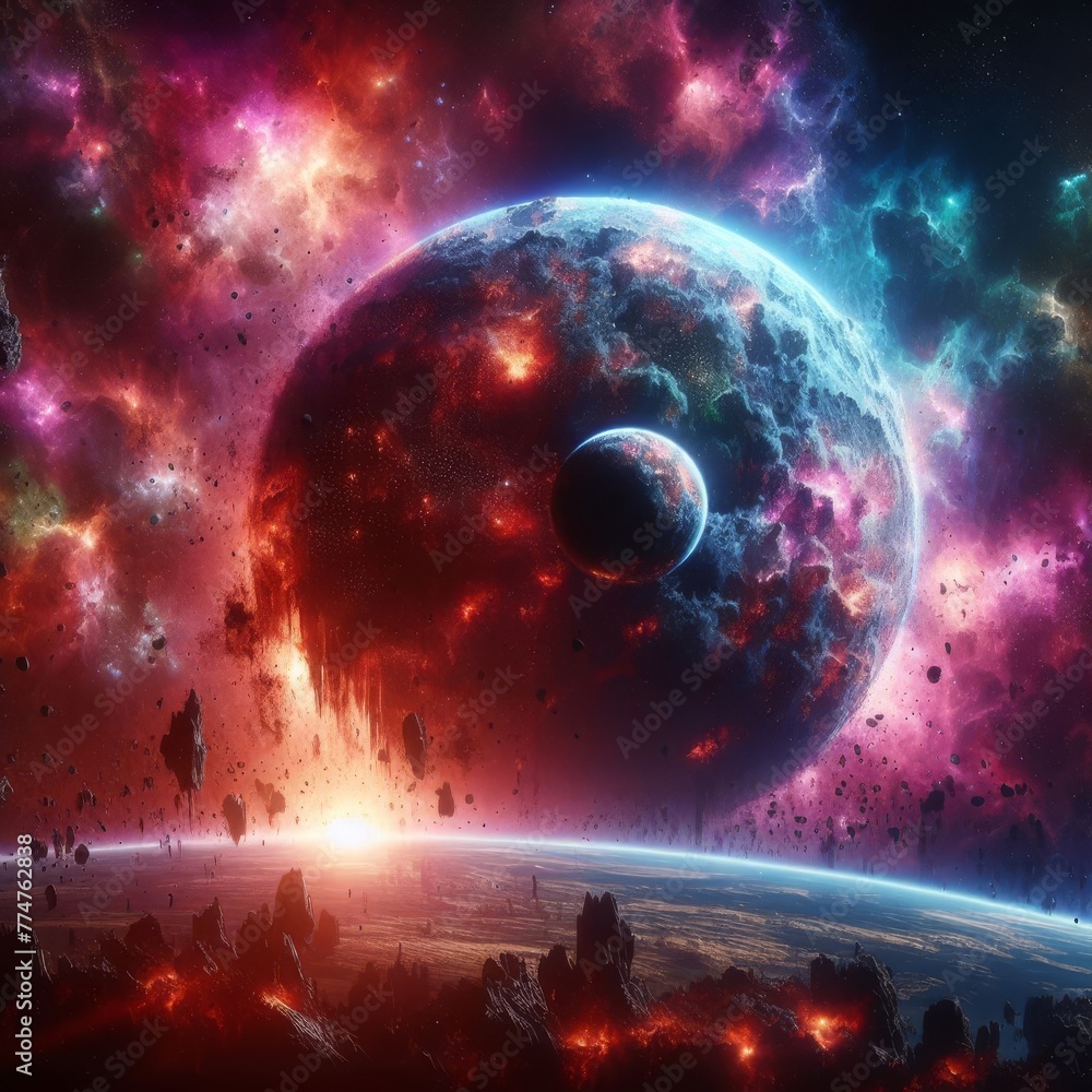 Poster a breathtaking cosmic event with planets aligning against a nebula. the vibrant colors and celestial