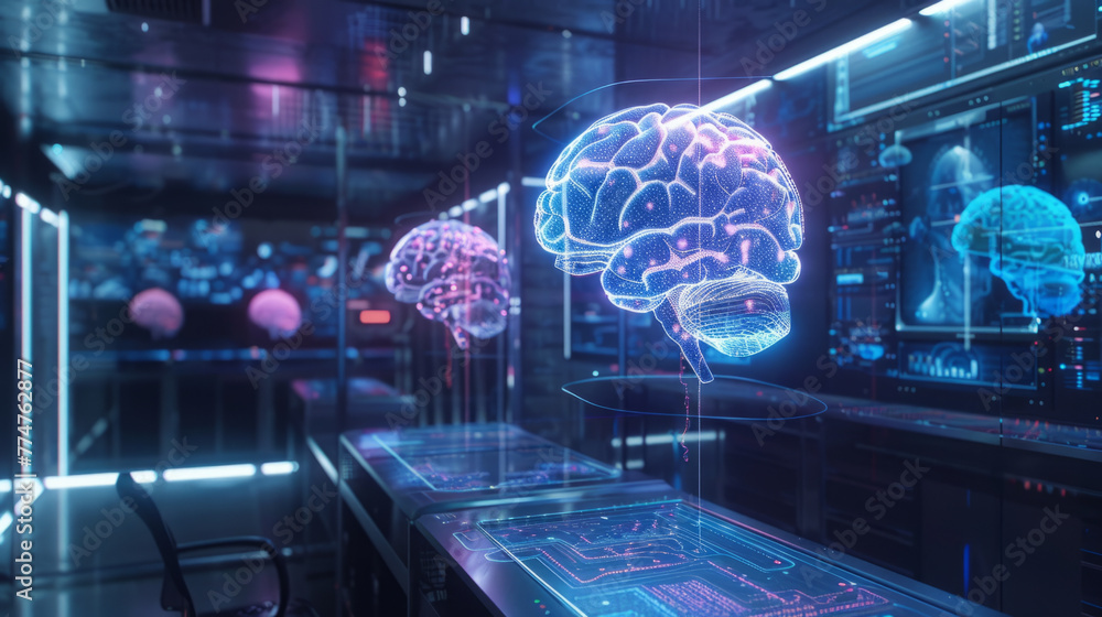 Poster ai technology, a futuristic workspace highlighting the progression of artificial intelligence techno