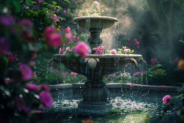Classic garden fountain with roses and water drops - obrazy, fototapety, plakaty