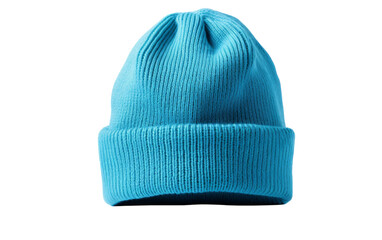 A vibrant blue beanie hat rests peacefully on a pristine white background