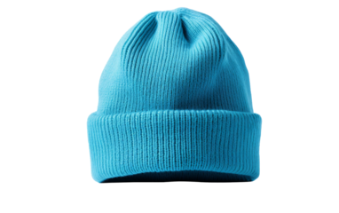 A vibrant blue beanie hat rests peacefully on a pristine white background