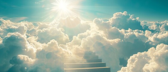 The Stairway to Heaven. Concept with white clouds and the sun behind it. Background concept with religion. - obrazy, fototapety, plakaty
