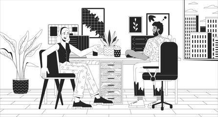 Sharing home office black and white line illustration. Multiracial colleagues working together in apartment 2D characters monochrome background. Coworking space outline scene vector image