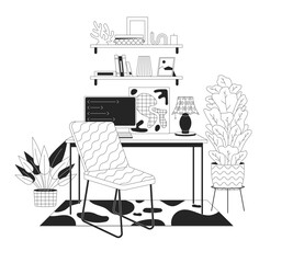 Comfortable home office interior black and white line illustration. Computer desk with chair and shelves 2D lineart objects isolated. Domestic workspace monochrome scene vector outline image