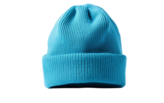 A vibrant blue beanie hat rests peacefully on a pristine white background