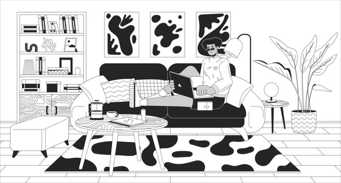 Work everywhere black and white line illustration. Cozy workspace. Hispanic man with laptop lying on sofa 2D character monochrome background. Home office benefits outline scene vector image