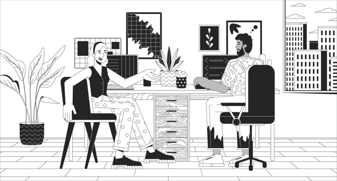 Sharing home office black and white line illustration. Multiracial colleagues working together in apartment 2D characters monochrome background. Coworking space outline scene vector image