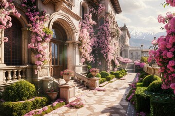 Luxurious estate with lush pink flowers and mountains
