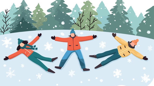 People mKing snow angels by forest Flat vector 