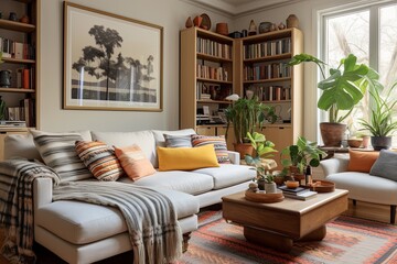 Obraz premium Cozy Compact: Warm and Welcoming Living Room Ideas for Small Spaces with Cozy Fabrics