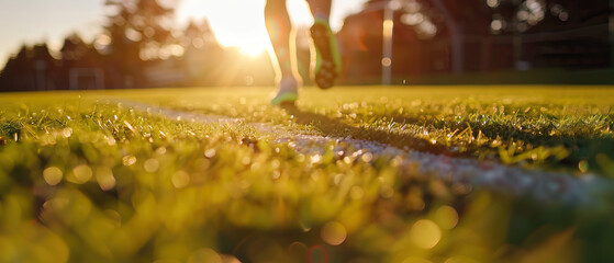 Close-up ground level view of running shoe with person running on grass athletics track. Natural light, sunny, shadow
