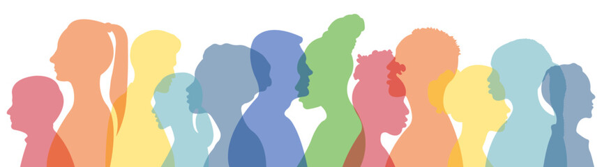 Silhouettes of a group of people.Silhouettes of people of different nationalities standing side by side.Vector illustration. - obrazy, fototapety, plakaty