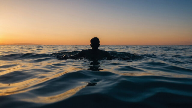 A silhouette of a person swimming in the ocean at sunset. Beautiful chillwave lovely photography illustration concept. Warm orange sun, calm sea waves and water reflections.