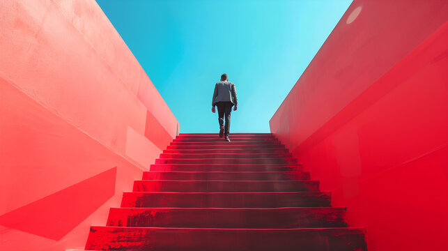 A businessman in a suit climbs the red steps, career building concept - Powered by Adobe