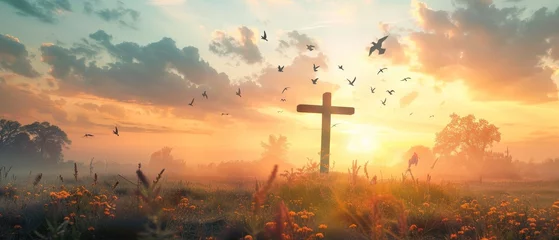 Foto op Plexiglas Easter religious concept: Silhouettes of birds flying on a meadow at sunrise in autumn. © Zaleman